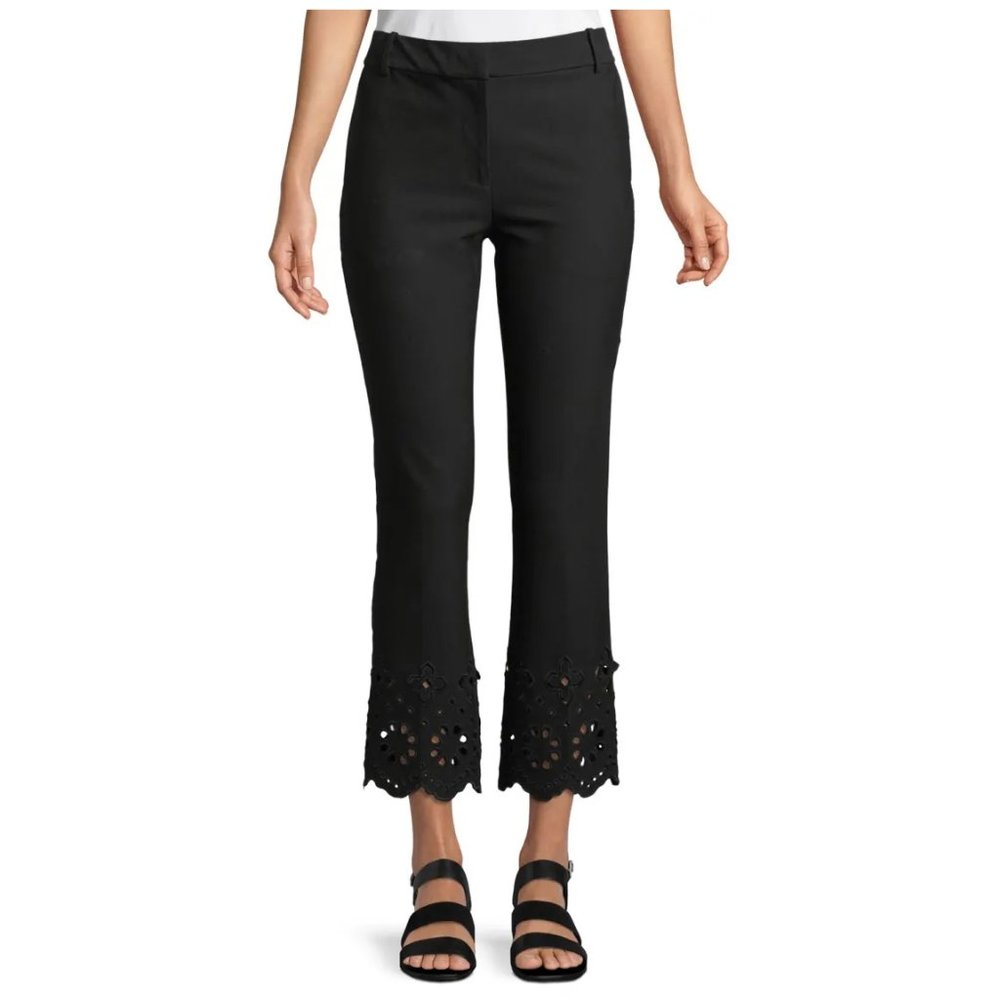 Derek Lam 10 Crosby Cropped Flare Trousers / Size 2 / Black Eyelet Embroidery